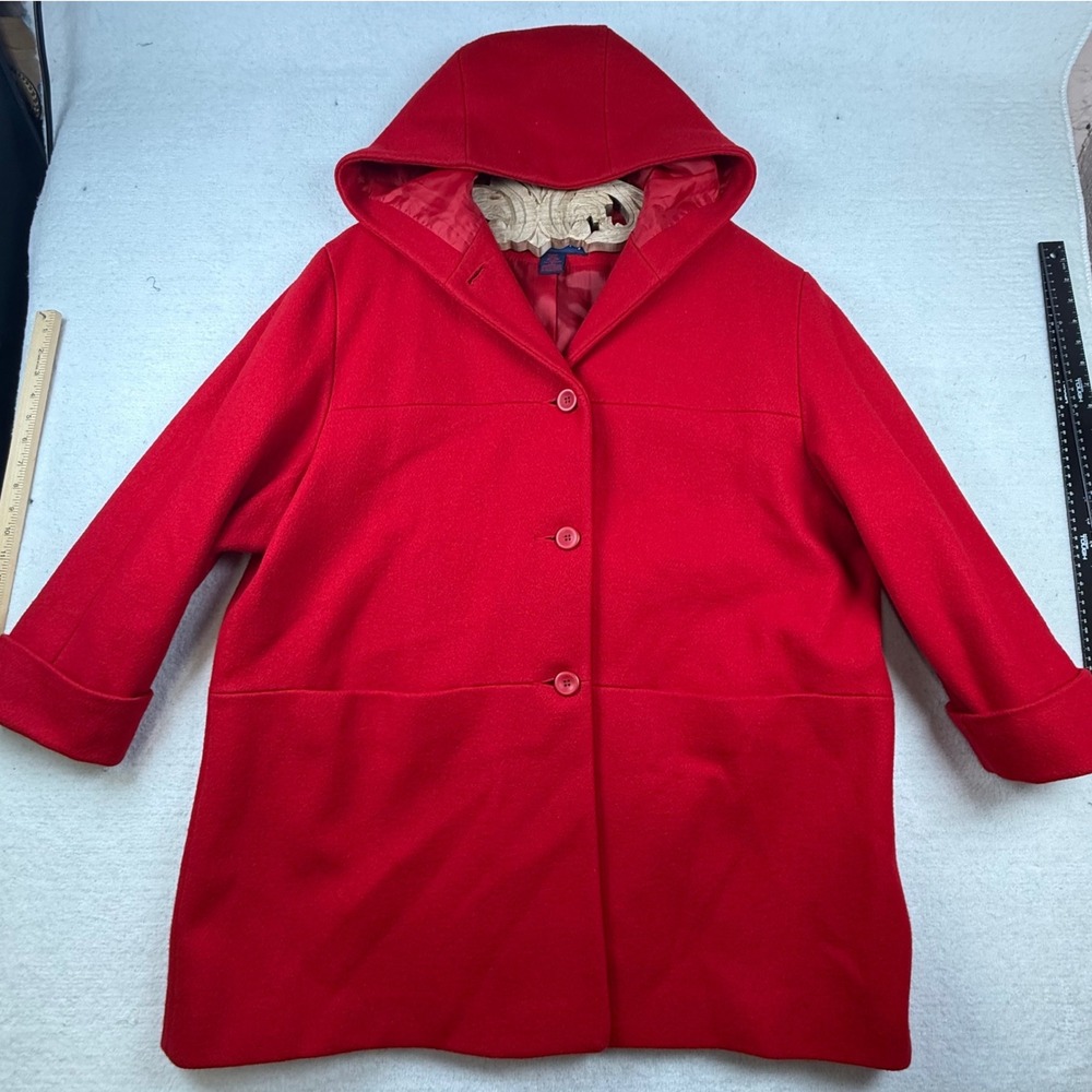 Herman Kay Red Wool Blend Hooded Pea Coat Womens Plus Size 2X classic chic